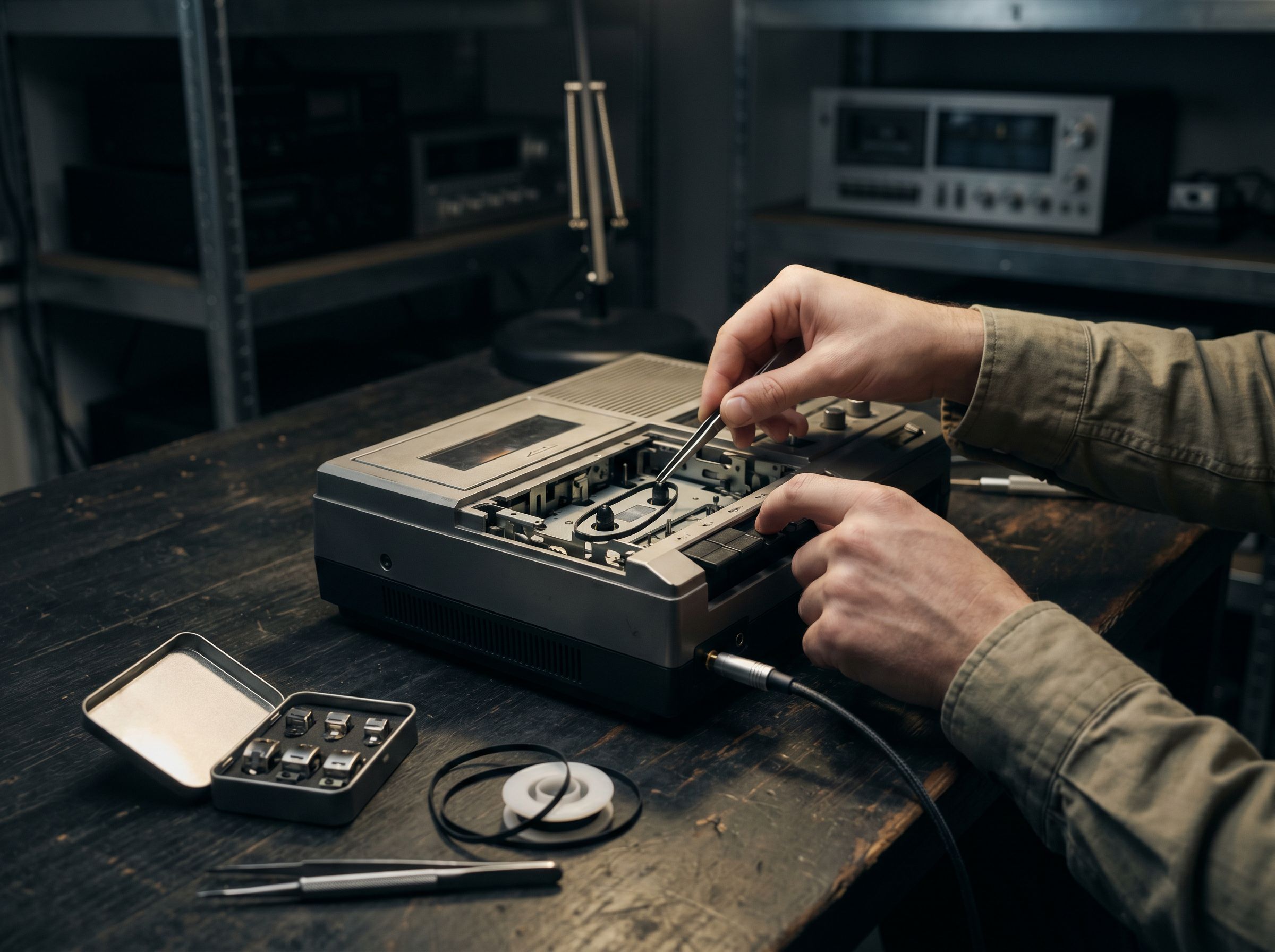 Banc d'atelier audio avec poste radio-cassette en cours de test, lumière latérale dure révélant la mécanique