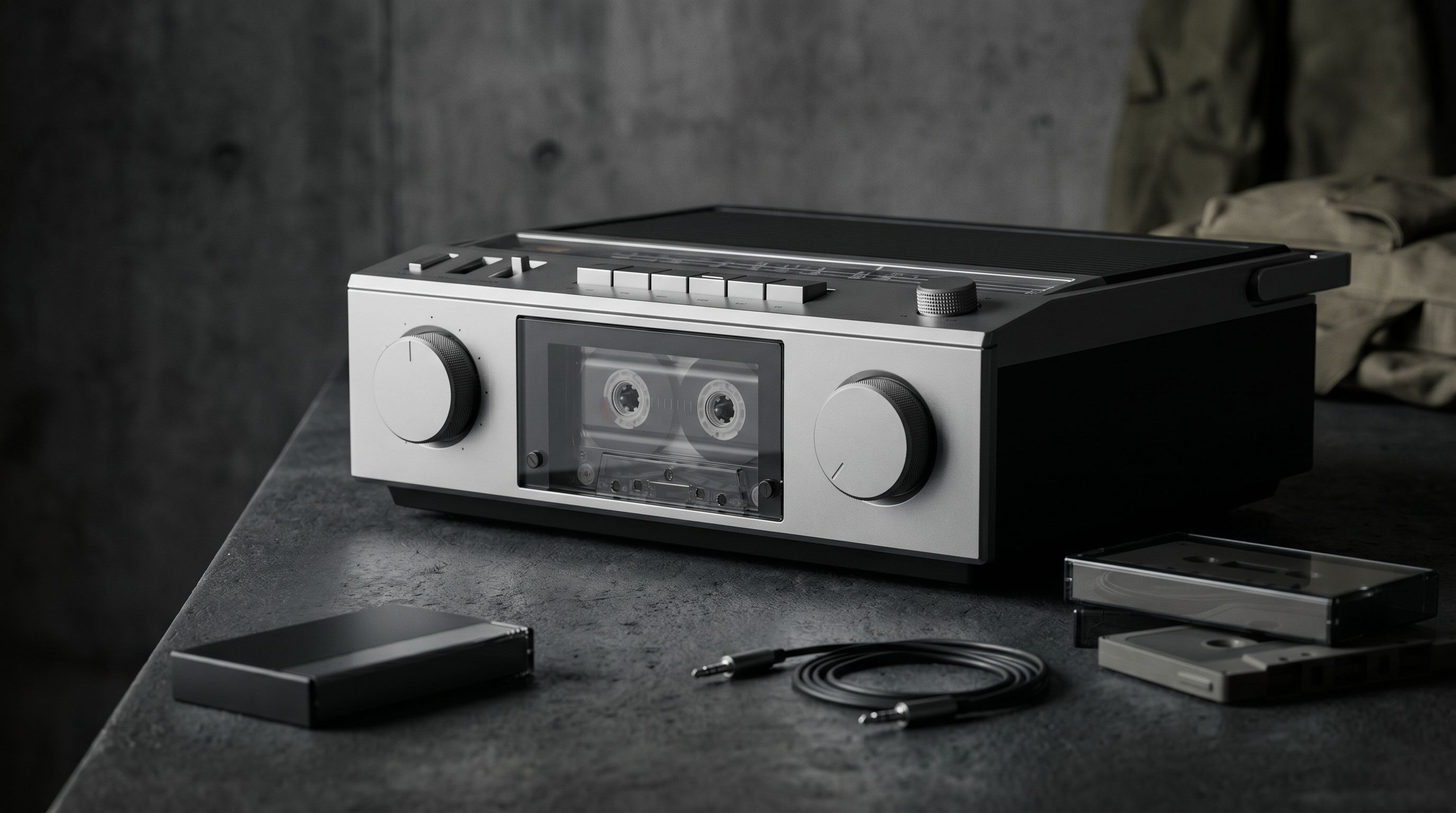 Boombox vintage isolée sur fond charbon, lumière latérale dure révélant la fente cassette et la maille du haut-parleur